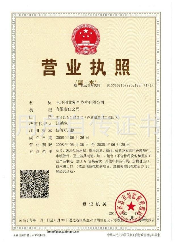 China Yuhuan Chuangye Composite Gasket Co.,Ltd Certificaciones
